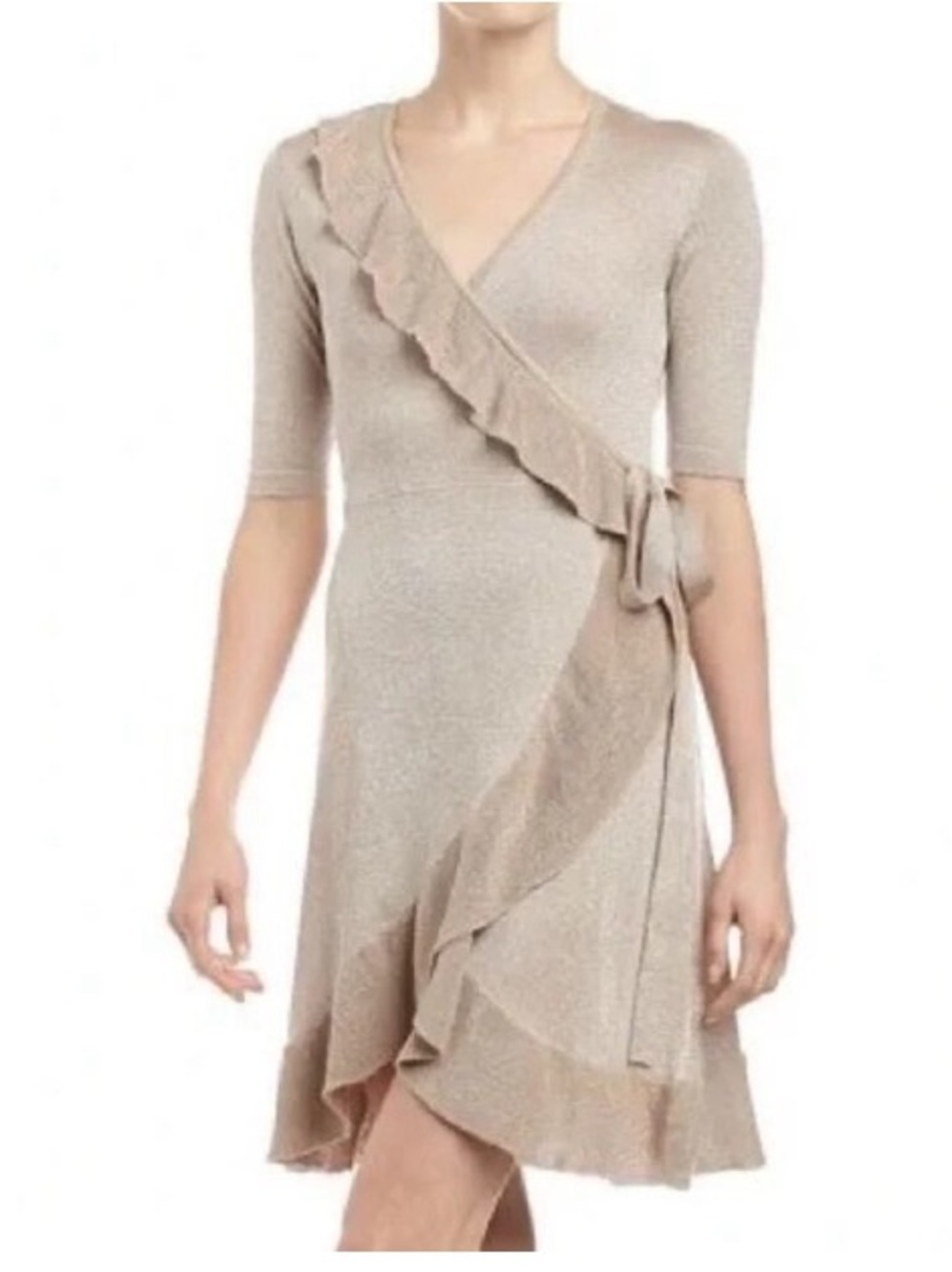 BCBGMaxAzria Shimmery Silk Blend  Taupe Ruffle Wrap Midi Dress